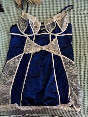 Primark Navy Blue Satin Chemise with Cream Lace Trim